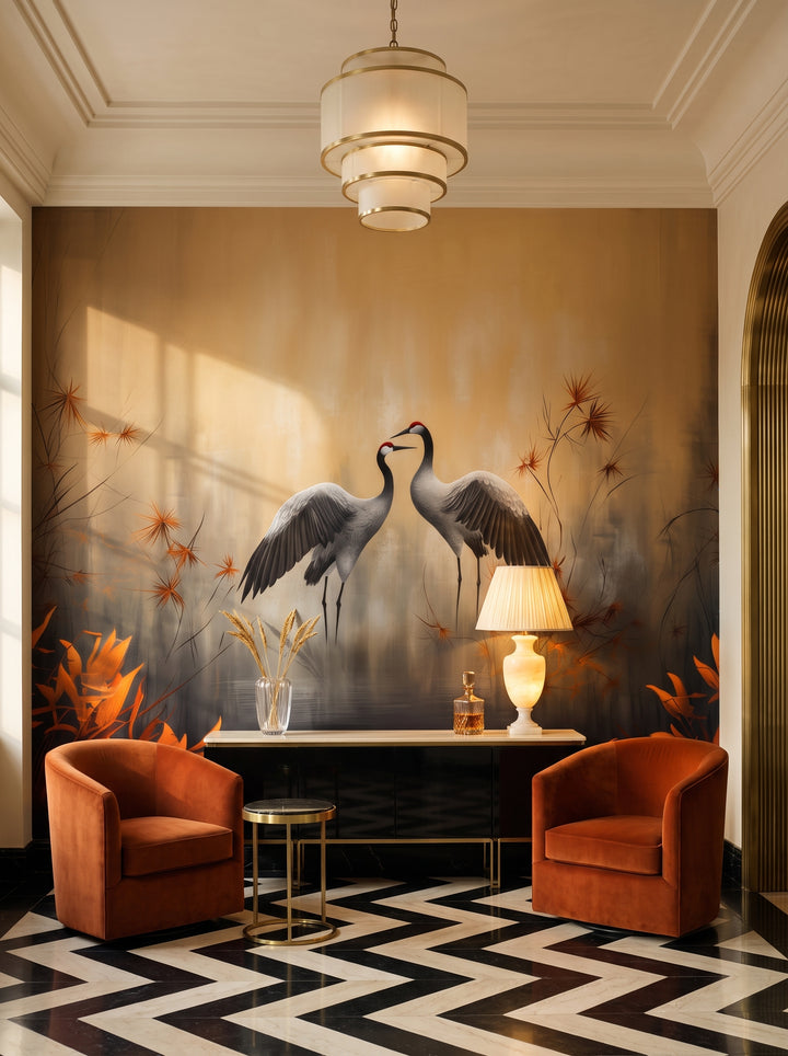 Fototapeta artystyczna o nazwie Fiery Flight w aranżacji wnętrza: galeria wejściowa w apartamencie Art Deco.