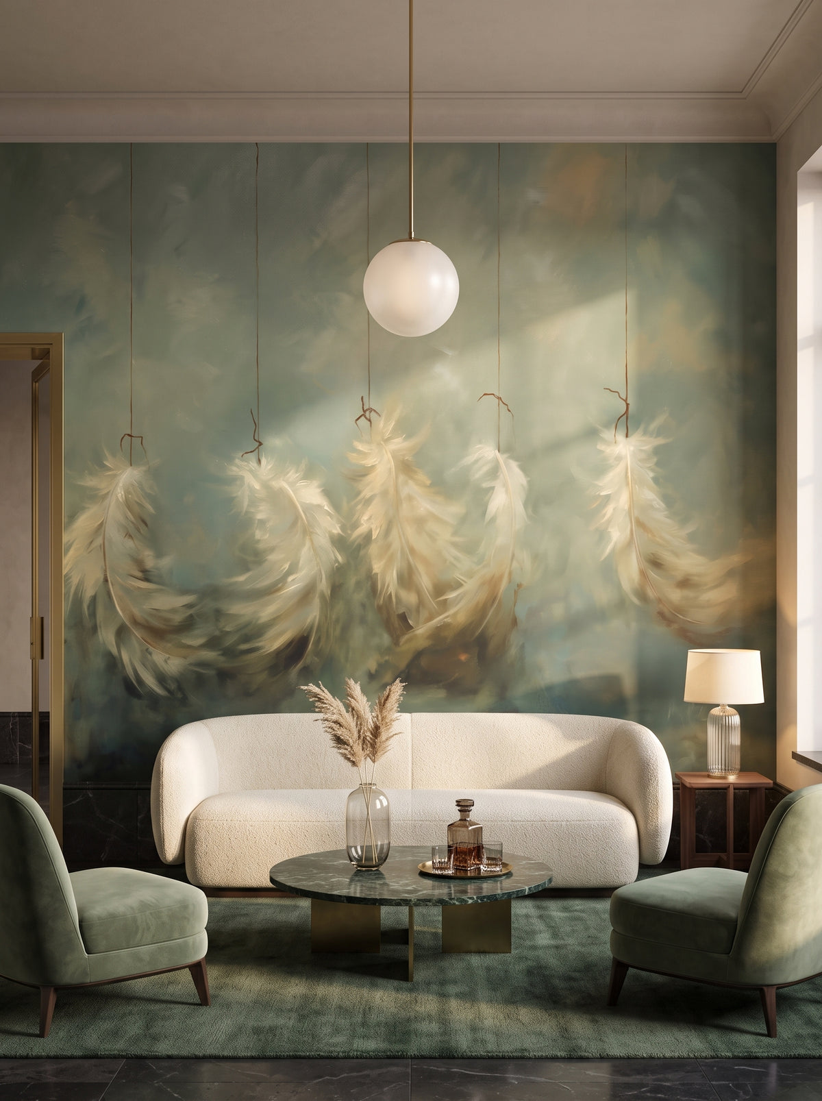 Fototapeta artystyczna o nazwie Misty Plumes w aranżacji wnętrza: lobby lounge butikowego hotelu designerskiego.