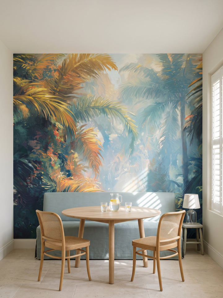 Fototapeta artystyczna o nazwie LUMINOUS PALMS w aranżacji wnętrza: kącik śniadaniowy w willi na Riwierze.