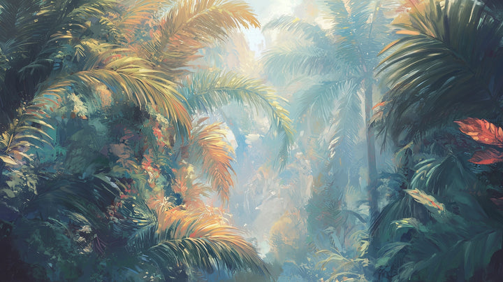Prezentacja całego wzoru fototapety o nazwie LUMINOUS PALMS - tapeta z tropikalną dżunglą w promieniach słońca