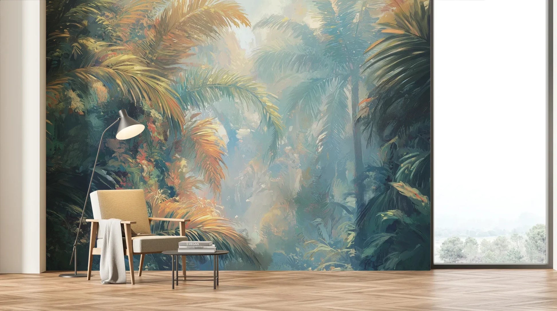 Wzór fototapety LUMINOUS PALMS - tapeta z tropikalną dżunglą w promieniach słońca pokazanej w aranżacji salonu.