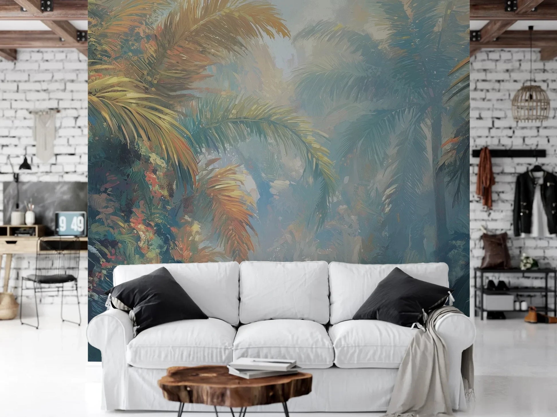Wzór fototapety LUMINOUS PALMS - tapeta z tropikalną dżunglą w promieniach słońca pokazanej w aranżacji salonu.
