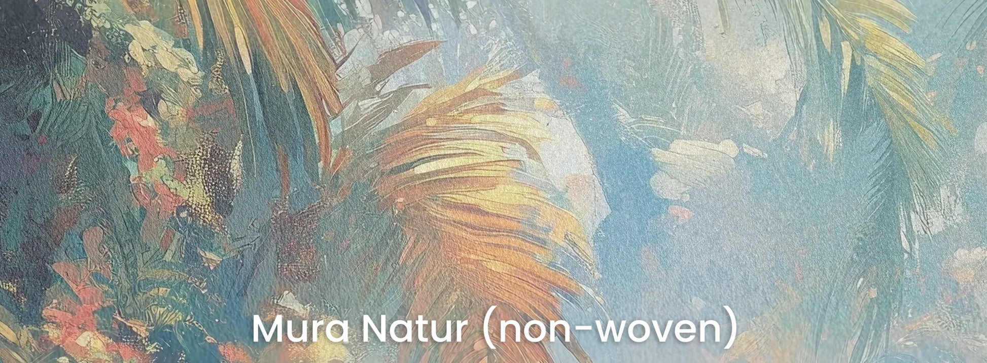 Zbliżenie na fototapetę LUMINOUS PALMS - tapeta z tropikalną dżunglą w promieniach słońca na naturalnym podłożu ekologicznym.
