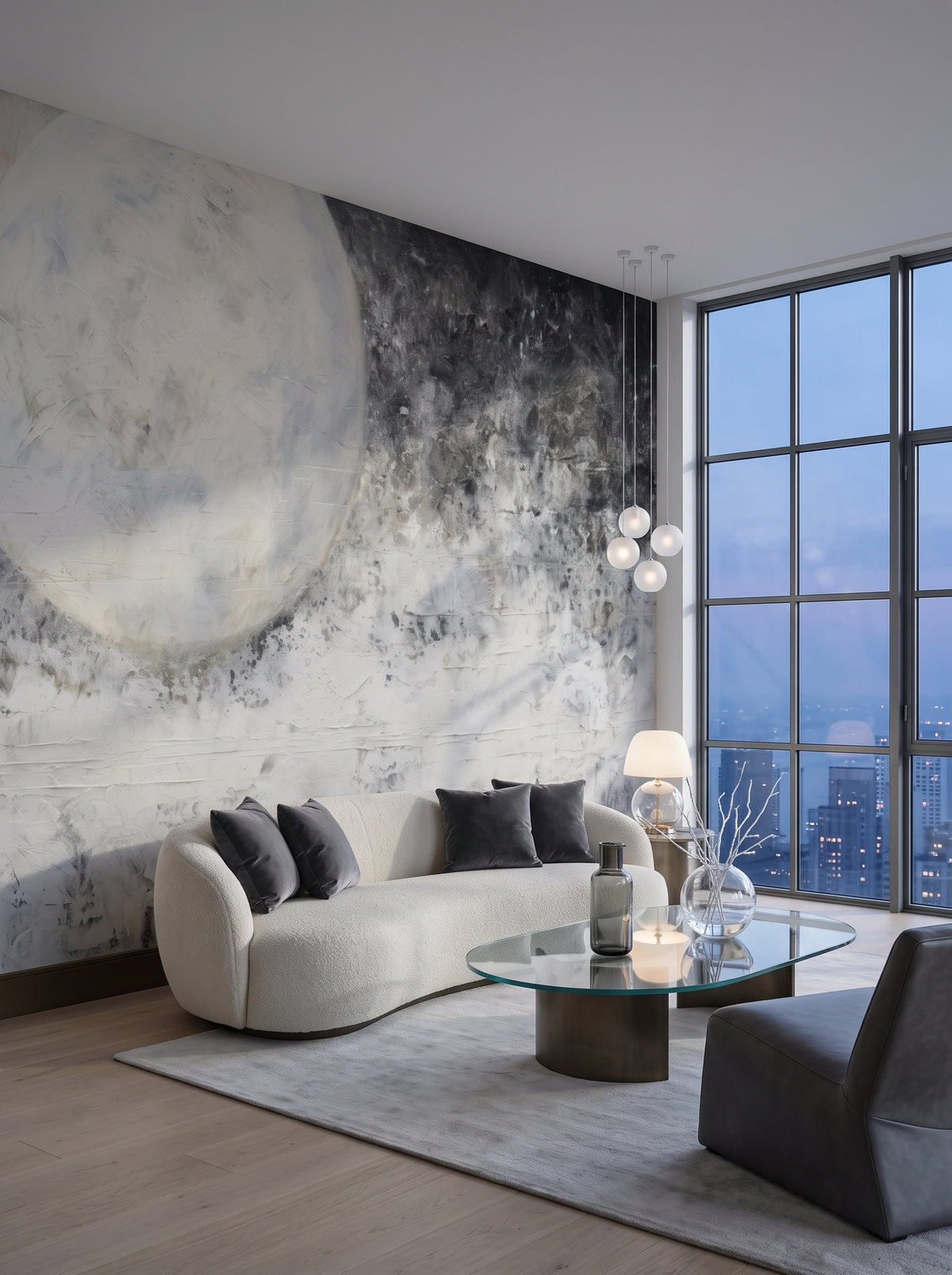 Fototapeta artystyczna o nazwie Mercury's Shadow w aranżacji wnętrza: salon w penthousie na Manhattanie o zmierzchu.