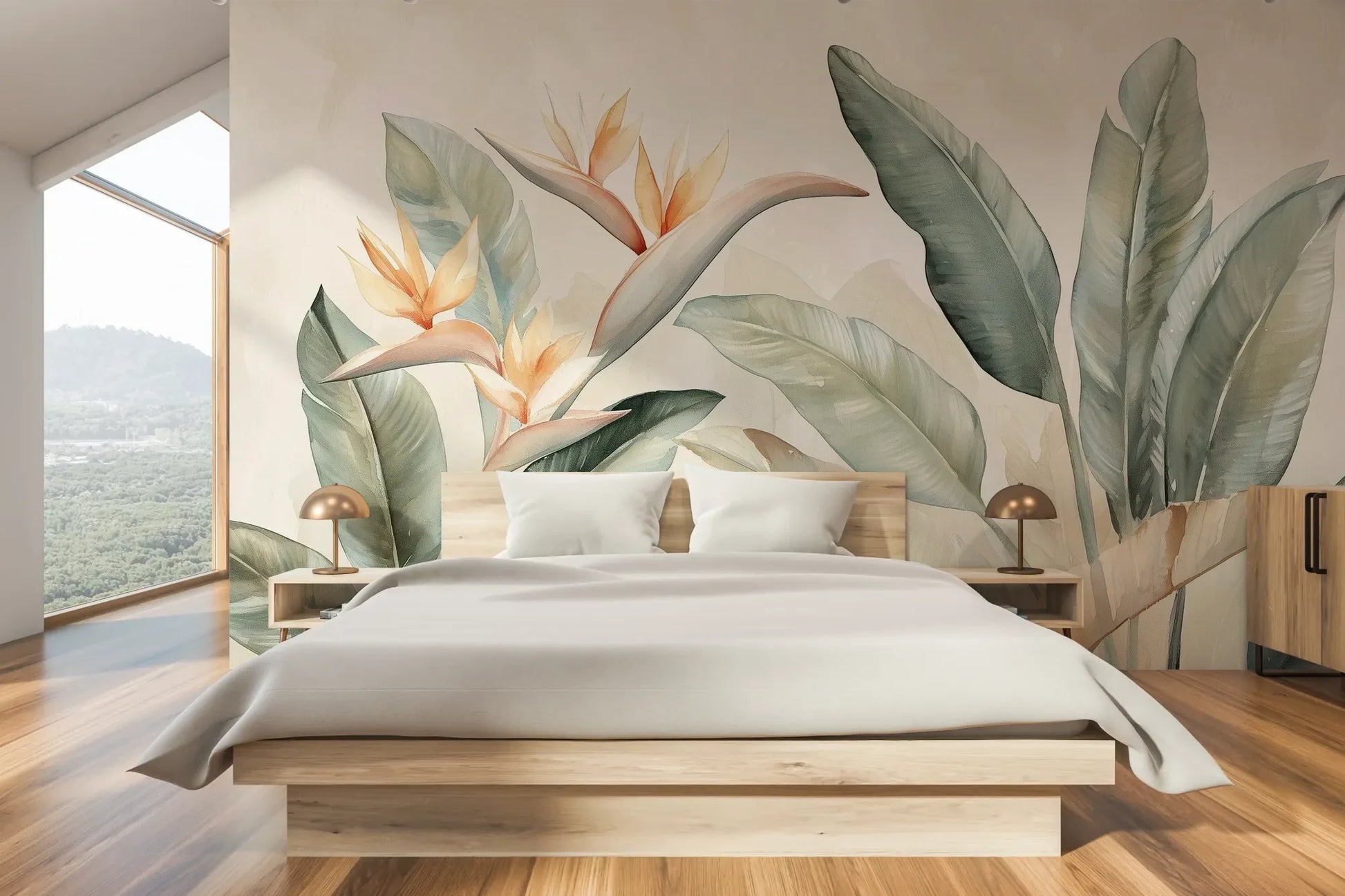 Wzór fototapety PARADISE HELICONIA - tapeta z egzotycznymi kwiatami strelicji w pastelowych odcieniach pokazanej w aranżacji sypialni.