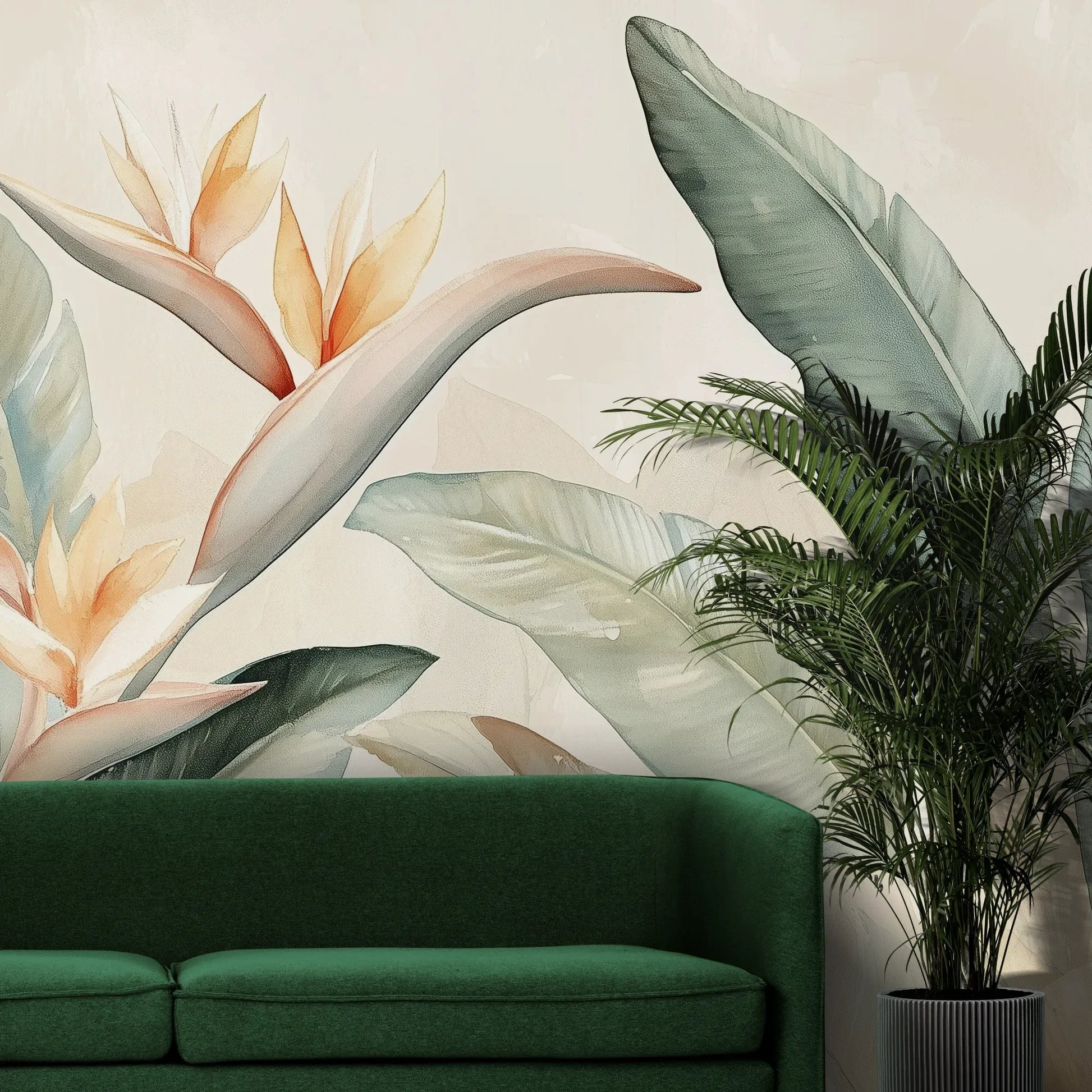 Fototapeta PARADISE HELICONIA - tapeta z egzotycznymi kwiatami strelicji w pastelowych odcieniach pokazana w aranżacji wnętrza z akcentem na ścianie.