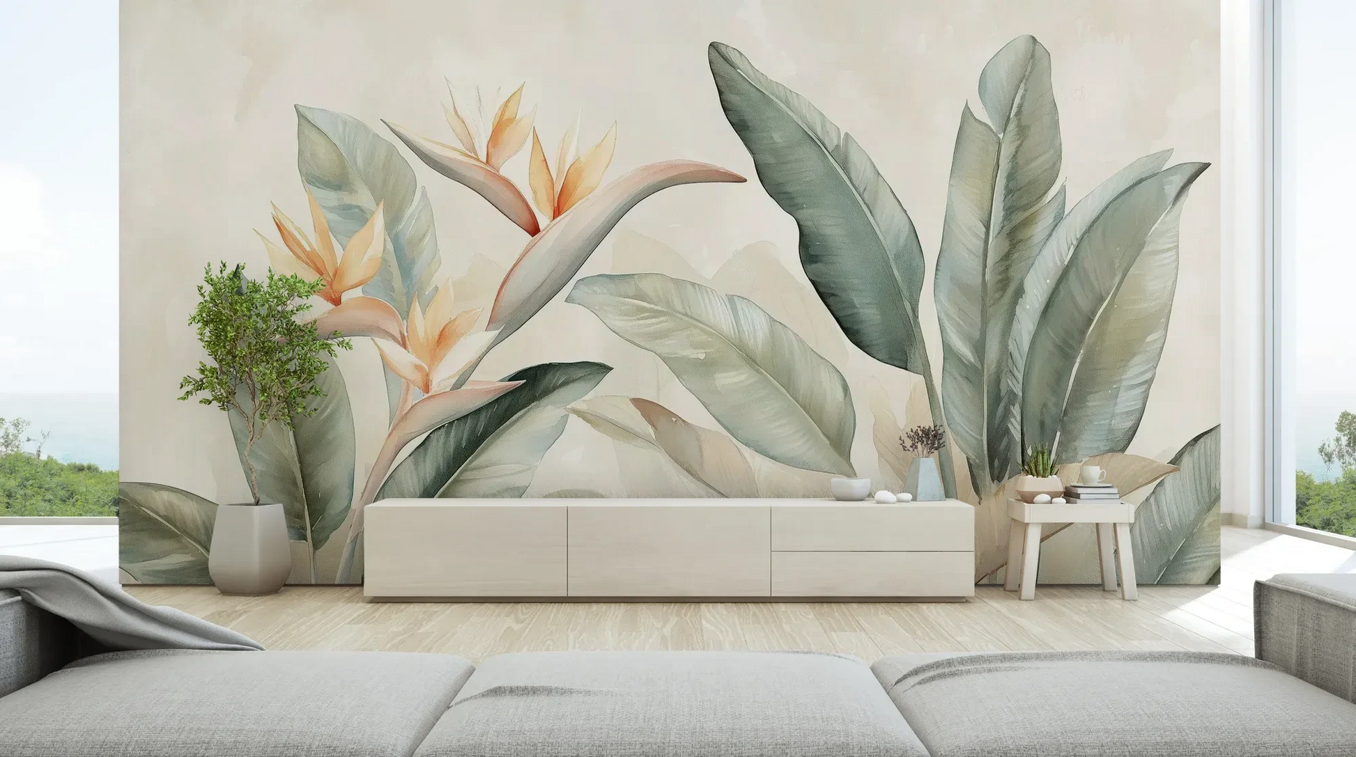 Wzór fototapety PARADISE HELICONIA - tapeta z egzotycznymi kwiatami strelicji w pastelowych odcieniach pokazanej w aranżacji salonu.