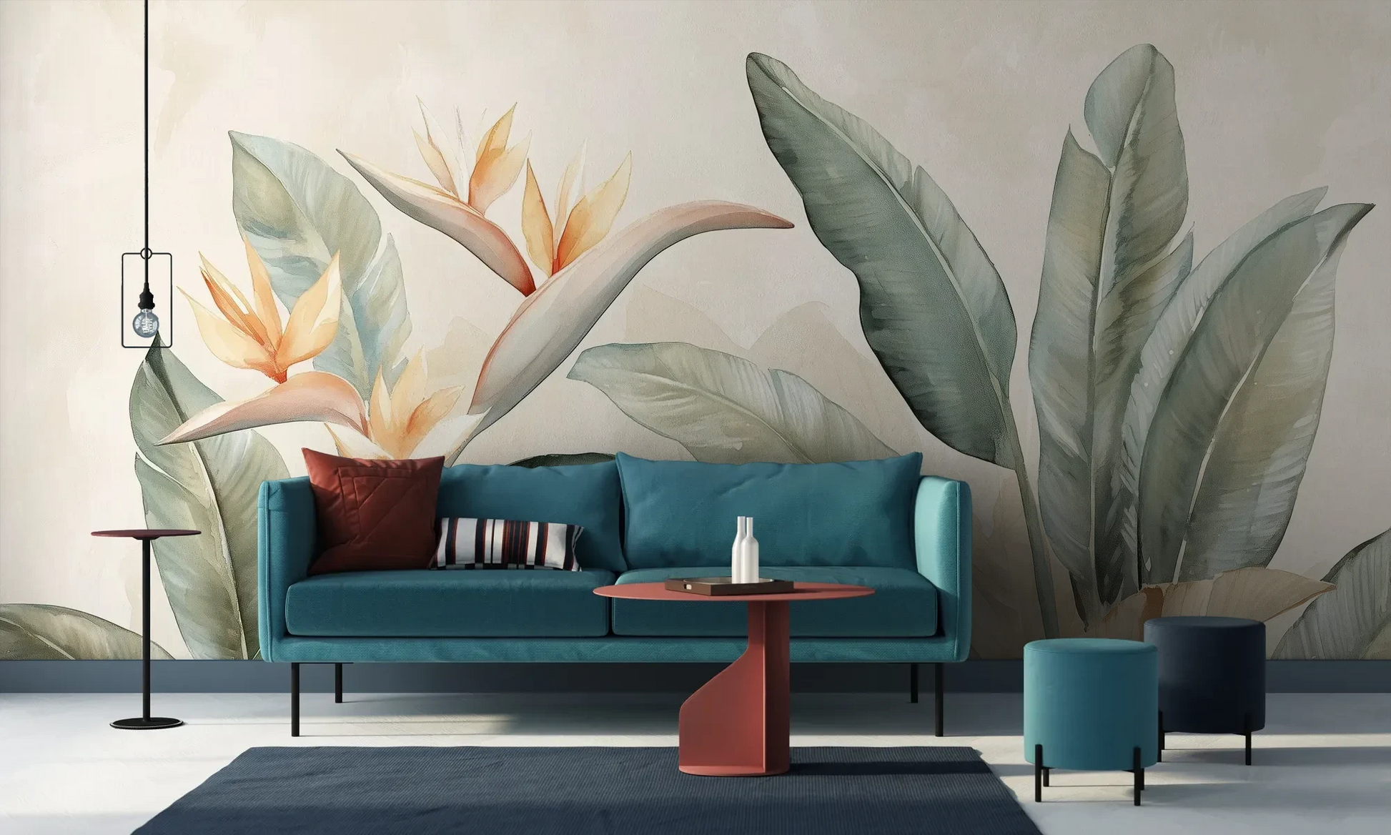 Wzór fototapety PARADISE HELICONIA - tapeta z egzotycznymi kwiatami strelicji w pastelowych odcieniach pokazanej w aranżacji salonu.