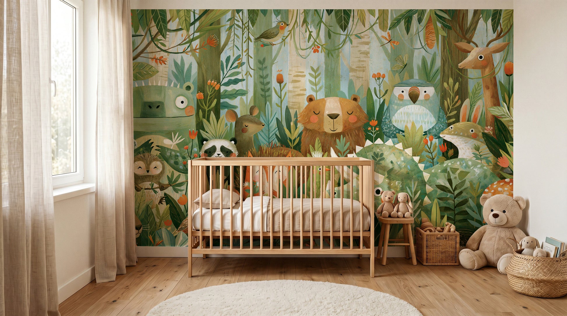 WOODLAND PARADE - tapeta z malowanymi zwierzętami lasu — KIDS room - baby cot