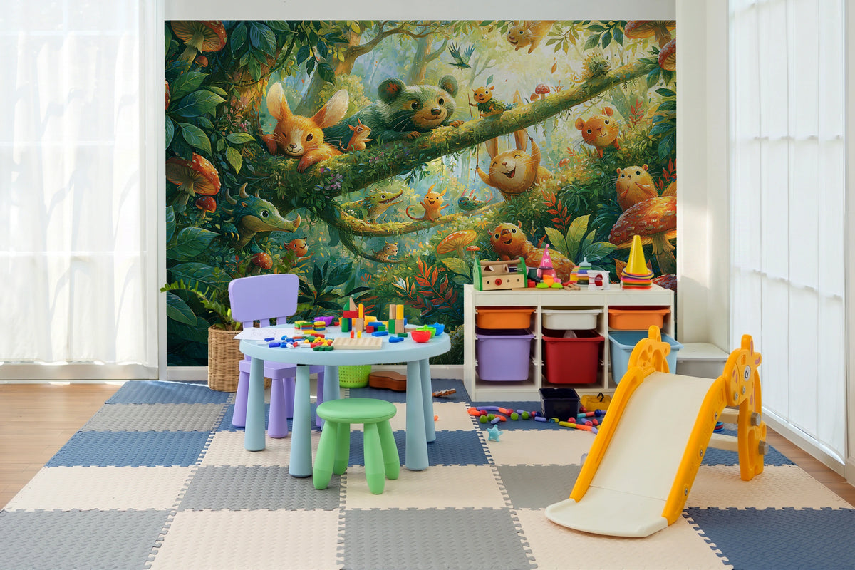 MOSSY BRANCH - tapeta z leśnymi zwierzątkami wśród muchomorów — KIDS ROOM - PLAY ROOM