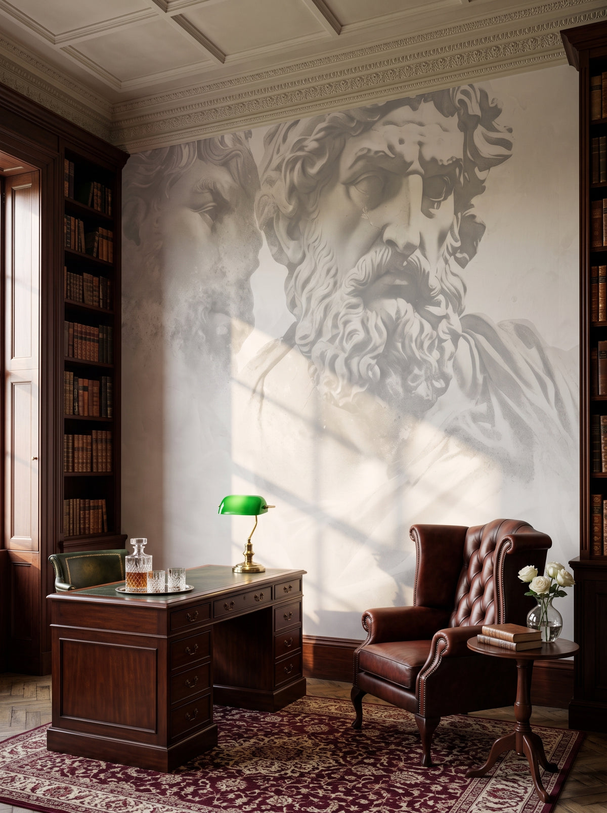 Fototapeta artystyczna o nazwie Poseidon's Realm w aranżacji wnętrza: prywatna biblioteka w stylu angielskiego klubu.