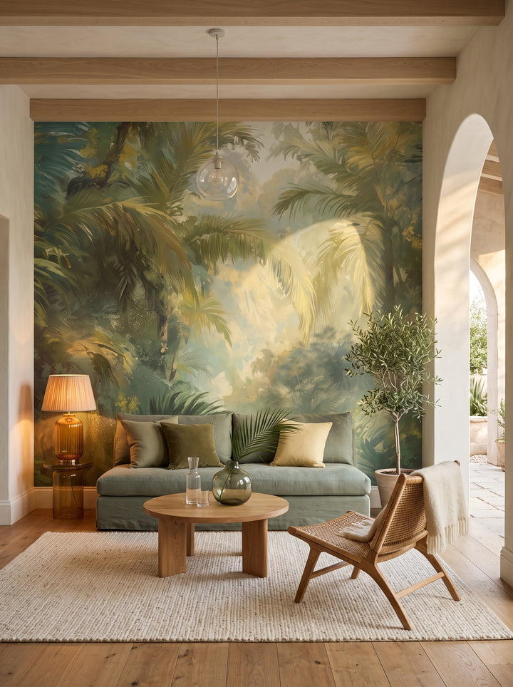 Fototapeta artystyczna o nazwie MISTY PALMS ECHO w aranżacji wnętrza: salon w stylu boho z łukowym wyjściem na taras.