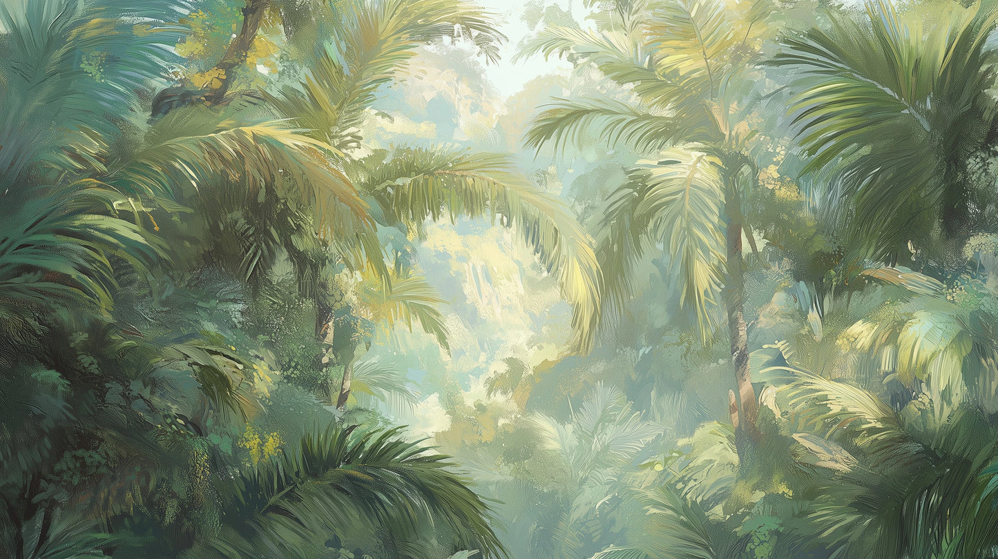 Prezentacja całego wzoru fototapety o nazwie MISTY PALMS ECHO - tapeta z tropikalną mgłą i palmami
