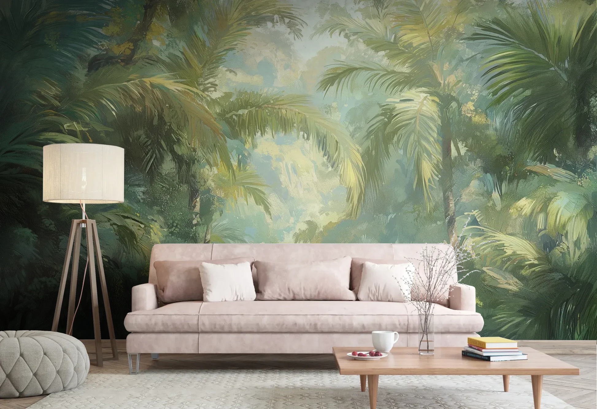 Wzór fototapety MISTY PALMS ECHO - tapeta z tropikalną mgłą i palmami pokazanej w aranżacji salonu.