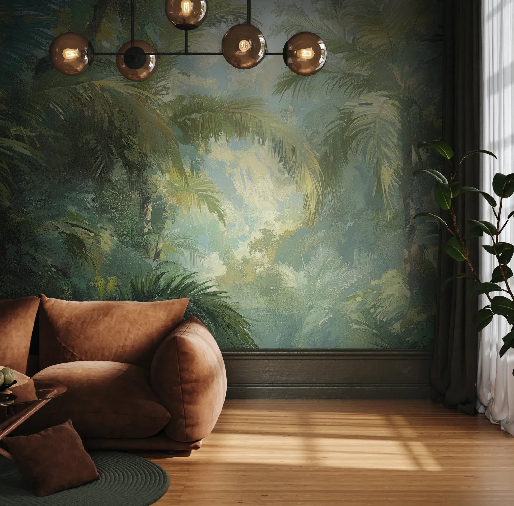 Fototapeta MISTY PALMS ECHO - tapeta z tropikalną mgłą i palmami pokazana w aranżacji wnętrza z akcentem na ścianie.