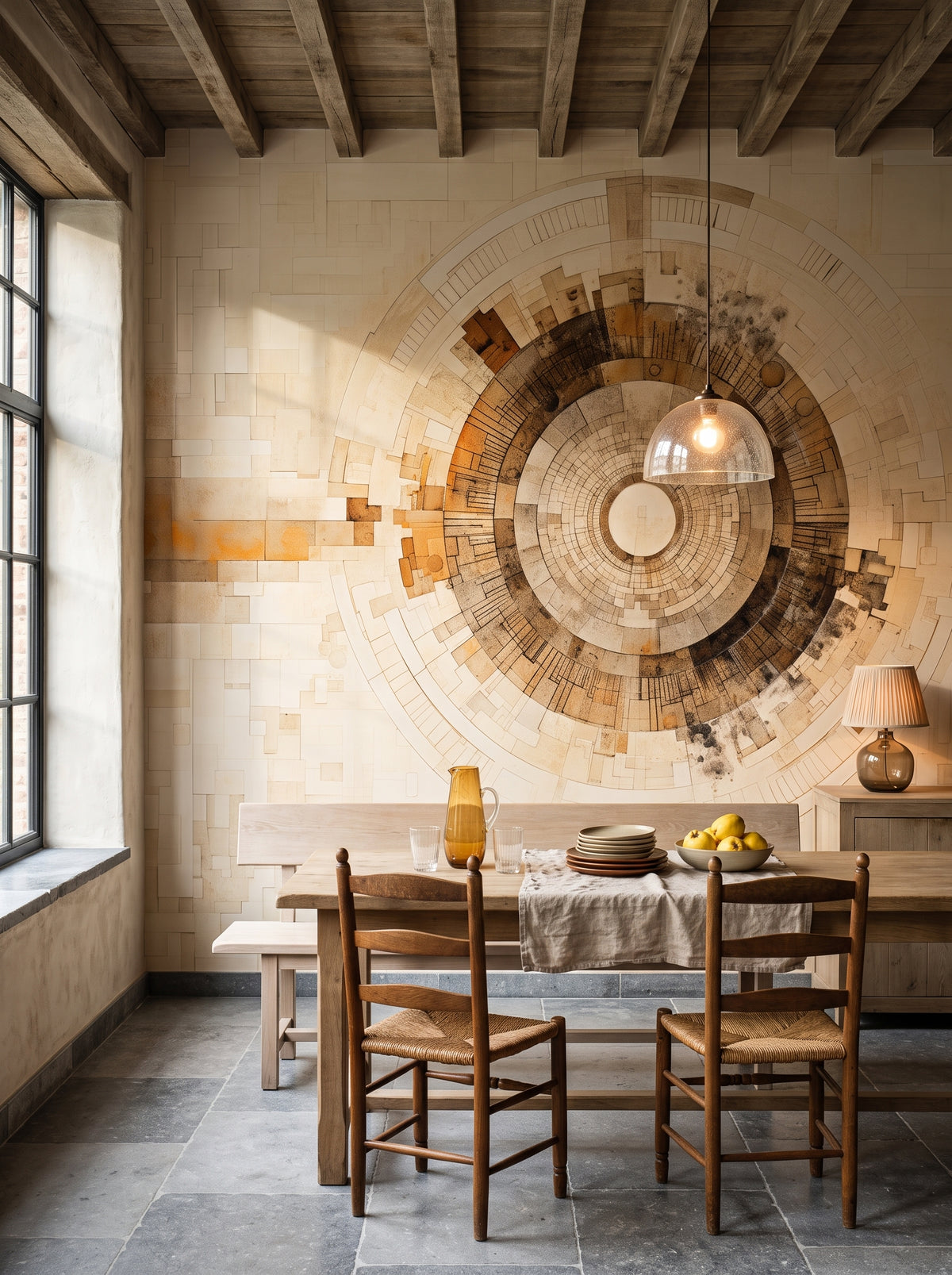 Papier peint panoramique artistique « SUNBURST MOSAIC » dans un intérieur : cuisine avec coin repas dans une maison de campagne belge.
