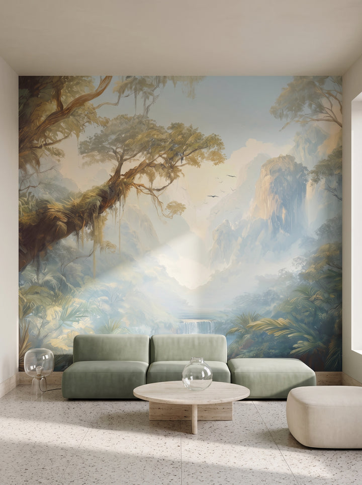 Fototapeta artystyczna o nazwie MYSTIC VALLEY w aranżacji wnętrza: salon w mediolańskim modernizmie lat 70..