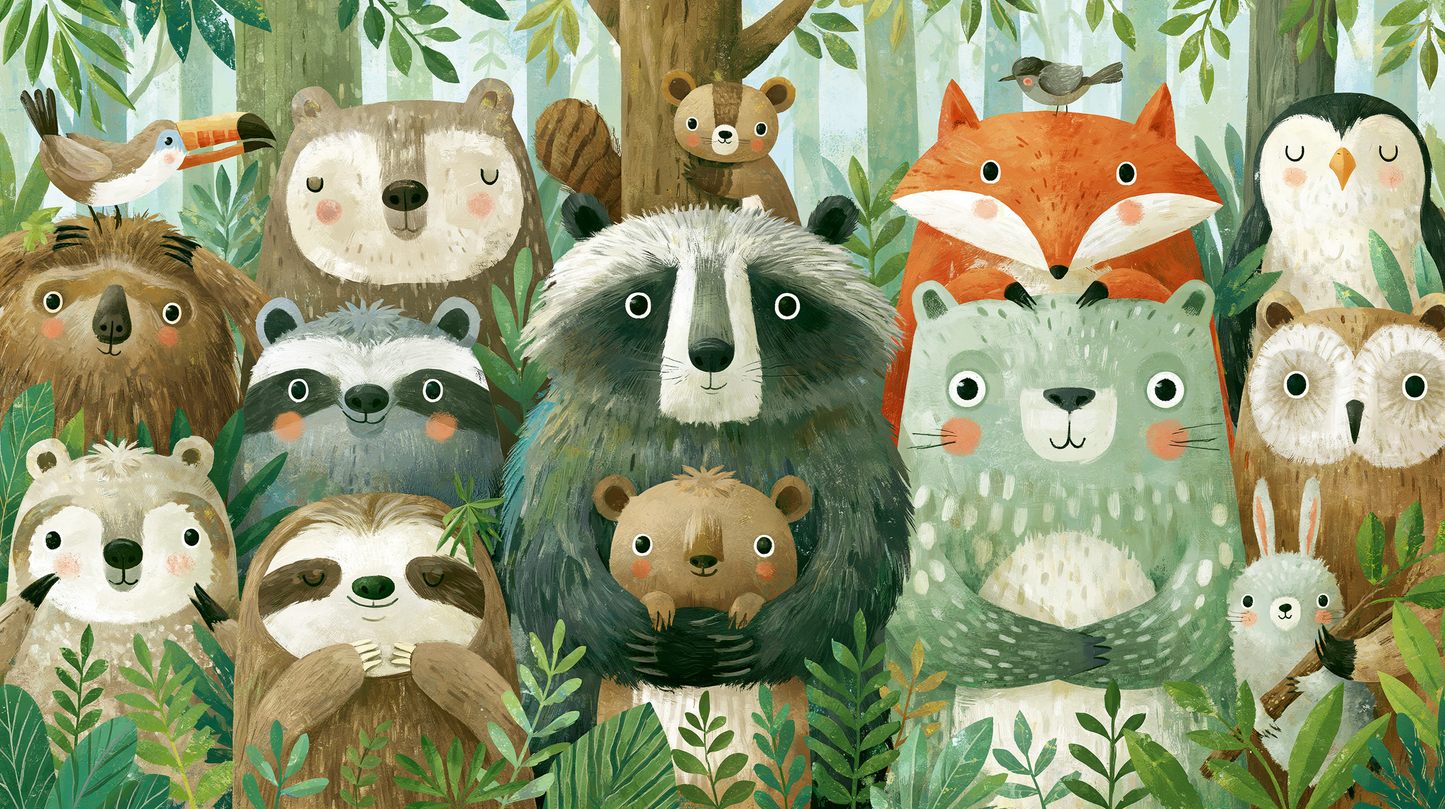 WOODLAND HUDDLE - tapeta z leśnymi zwierzętami dla dzieci — Pełny wzór