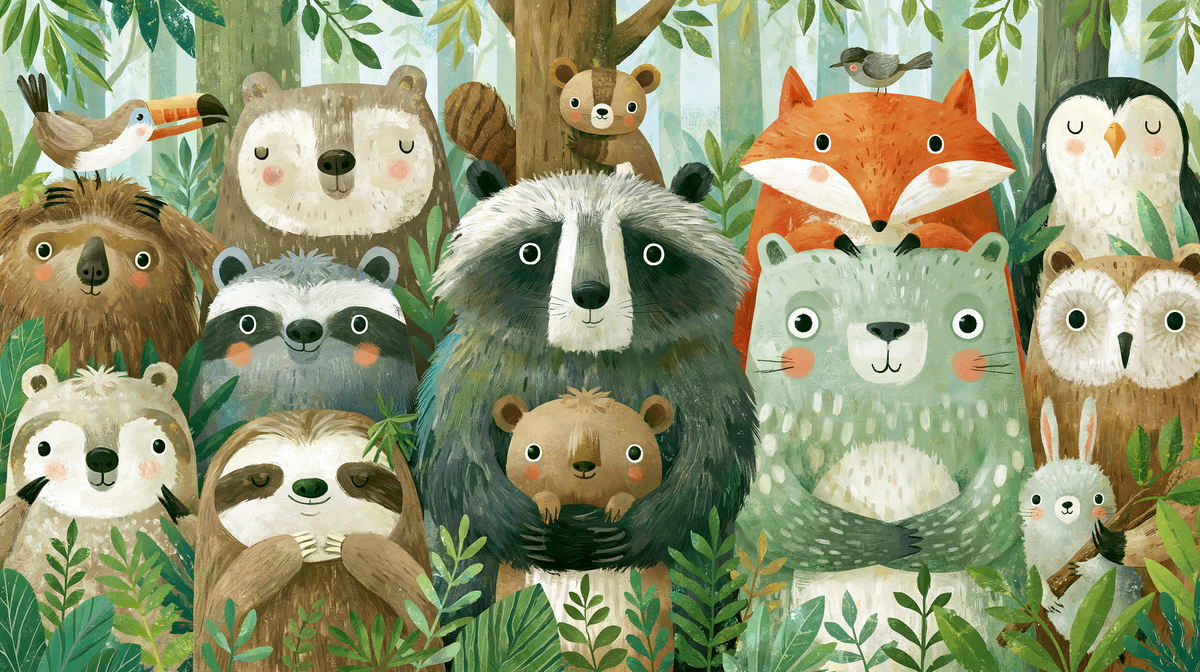 WOODLAND HUDDLE - tapeta z leśnymi zwierzętami dla dzieci — Pełny wzór
