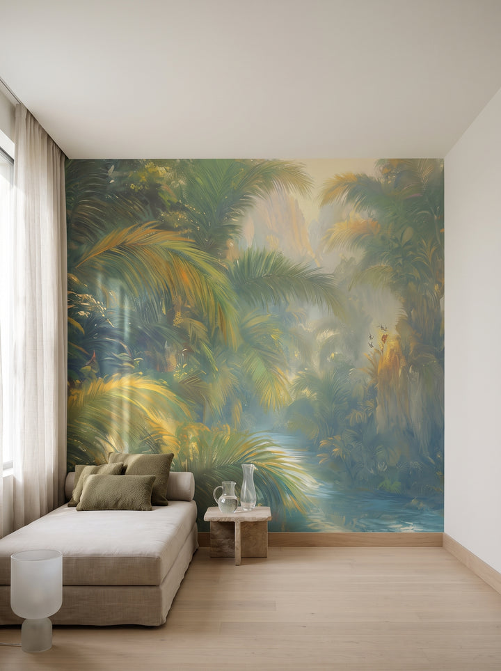 Fototapeta artystyczna o nazwie LUMINOUS TROPICS w aranżacji wnętrza: prywatny pokój wellness w nowoczesnej rezydencji.