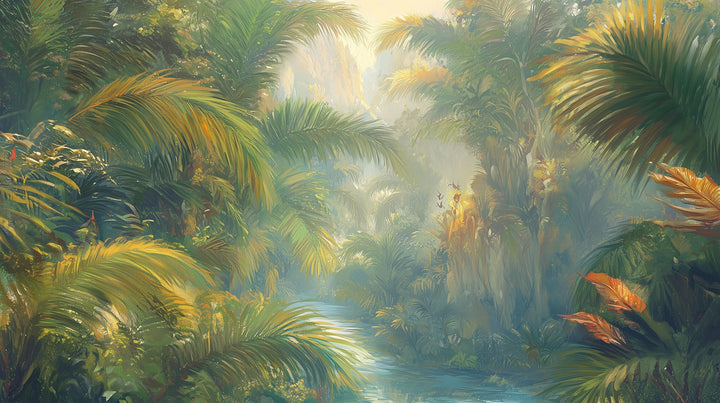Prezentacja całego wzoru fototapety o nazwie LUMINOUS TROPICS - tapeta z tropikalnym rajskim ogrodem w promieniach słońca