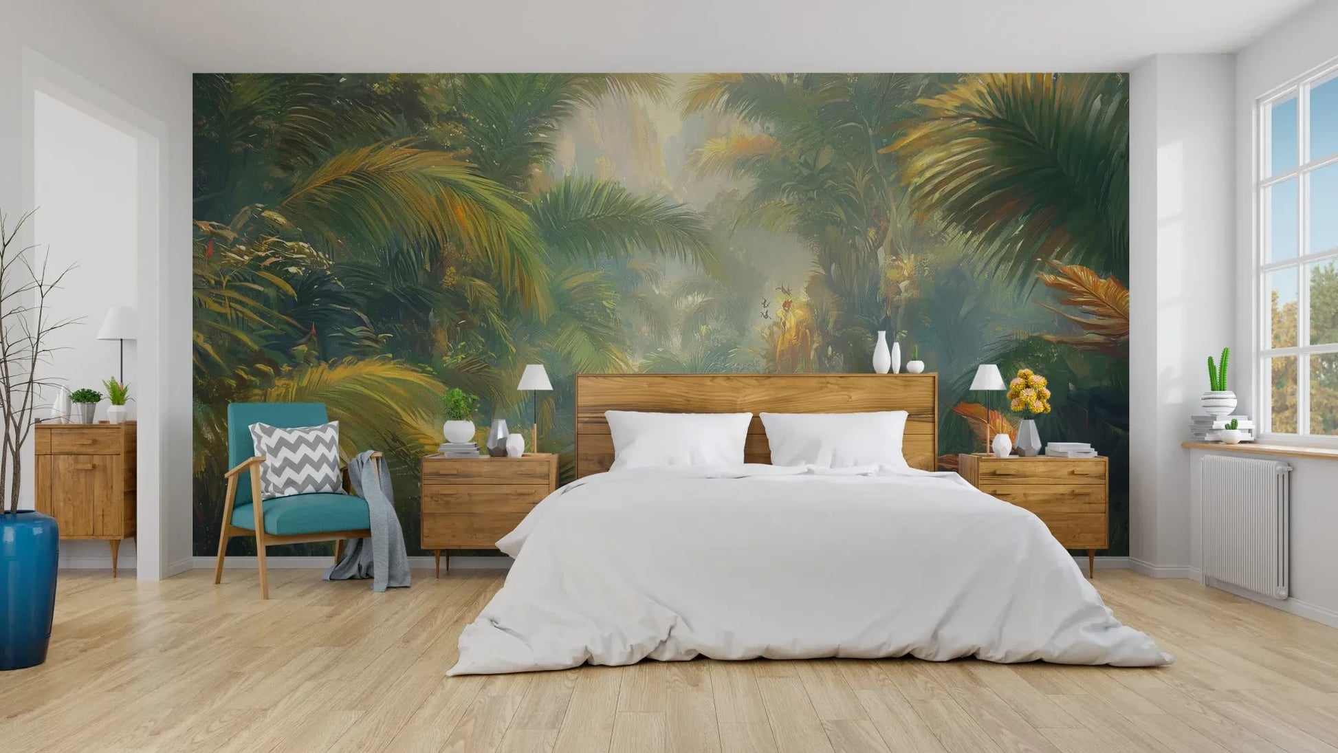 Wzór fototapety LUMINOUS TROPICS - tapeta z tropikalnym rajskim ogrodem w promieniach słońca pokazanej w aranżacji sypialni.