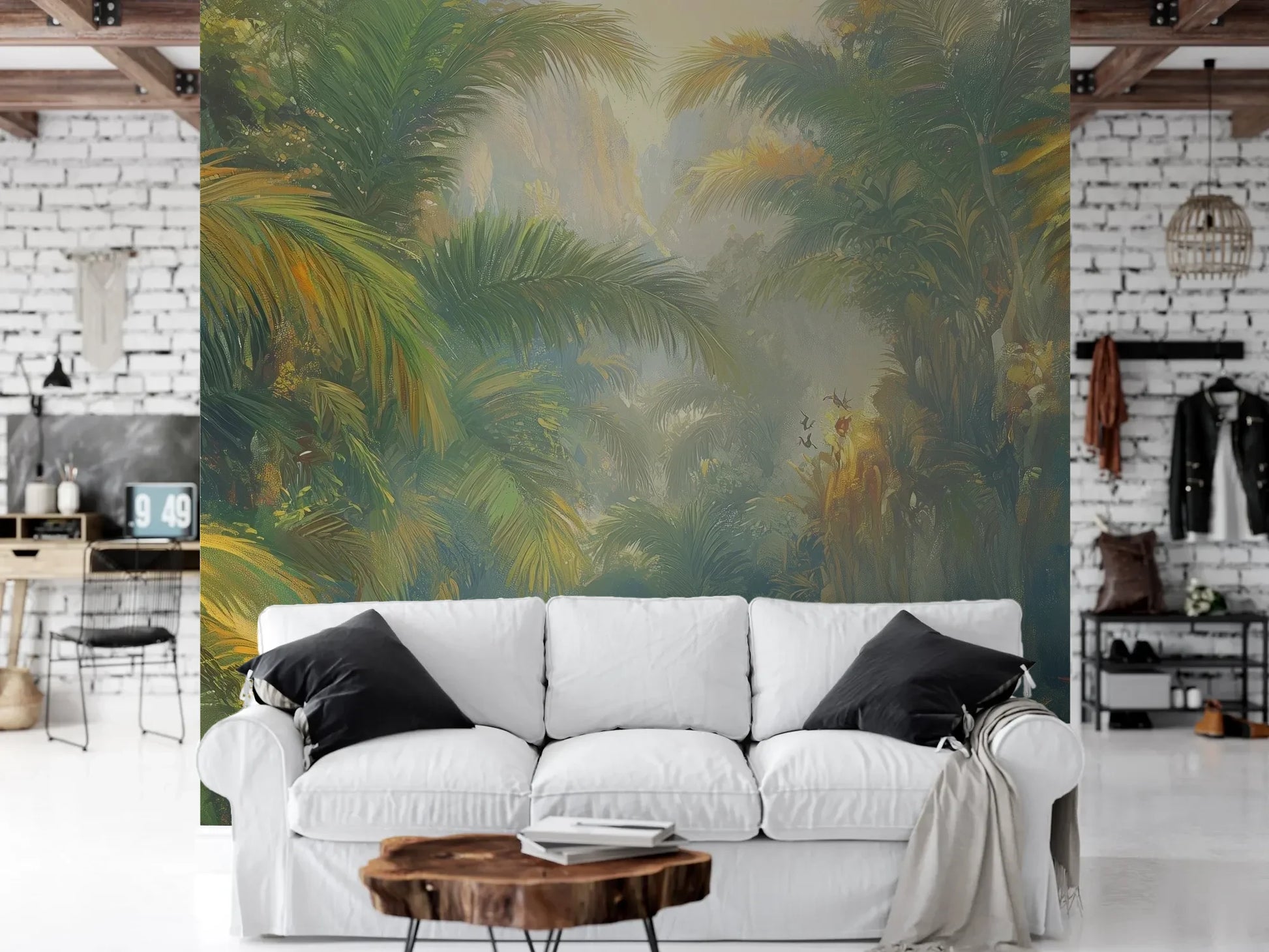 Wzór fototapety LUMINOUS TROPICS - tapeta z tropikalnym rajskim ogrodem w promieniach słońca pokazanej w aranżacji salonu.