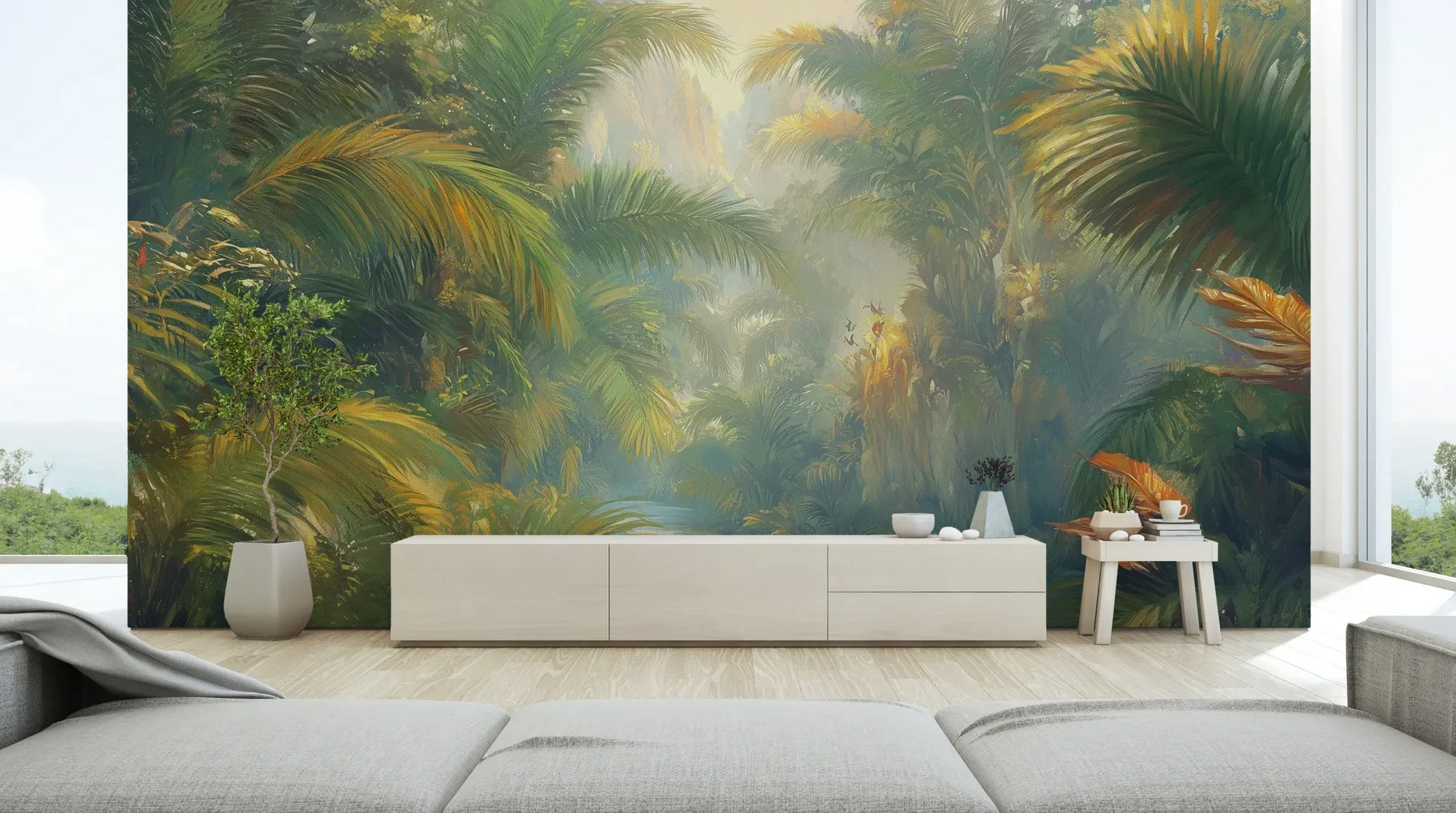 Wzór fototapety LUMINOUS TROPICS - tapeta z tropikalnym rajskim ogrodem w promieniach słońca pokazanej w aranżacji salonu.