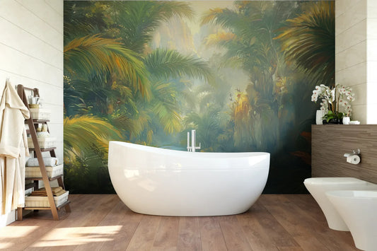 Wzór fototapety LUMINOUS TROPICS - tapeta z tropikalnym rajskim ogrodem w promieniach słońca pokazanej w aranżacji łazienki.