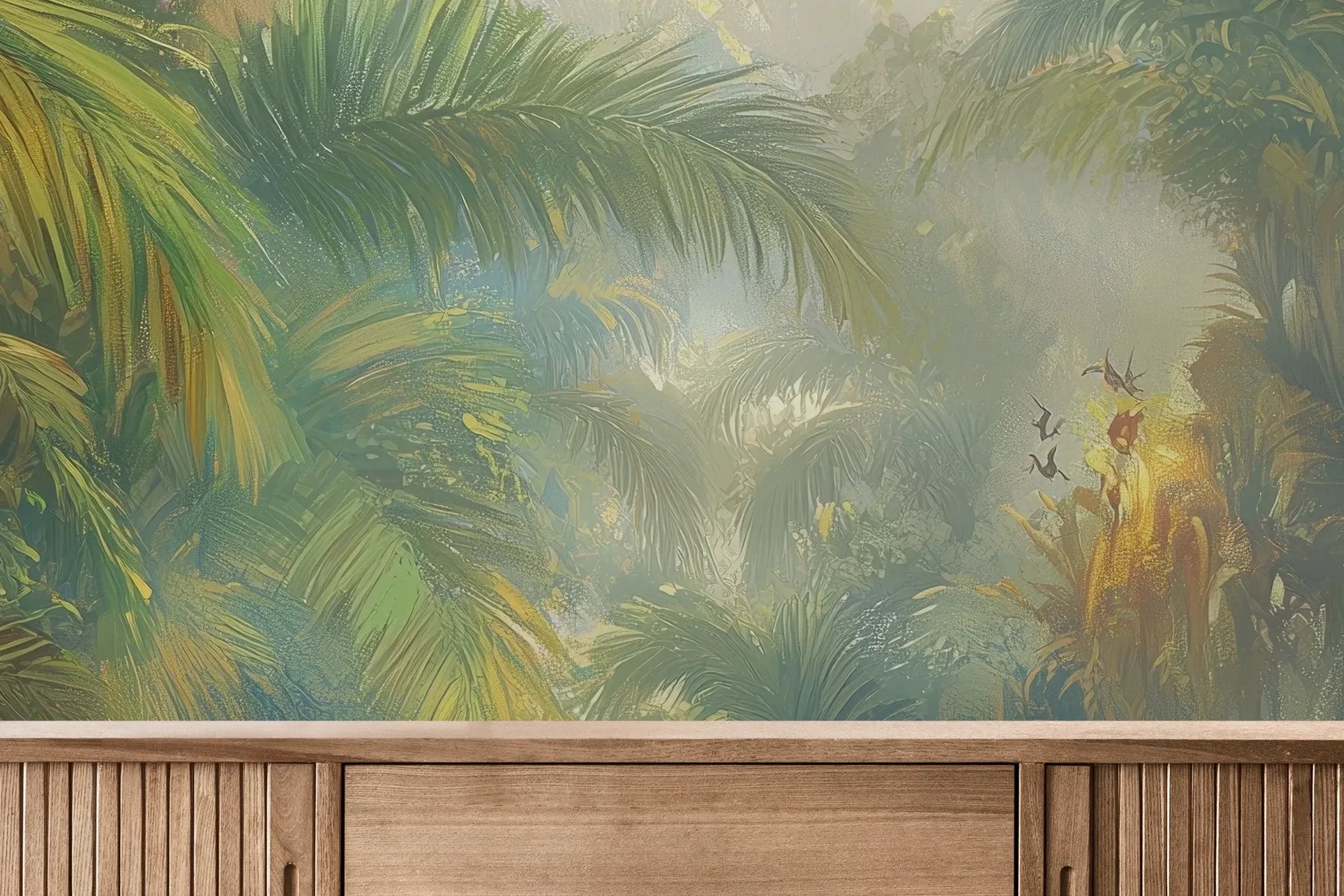 Fototapeta LUMINOUS TROPICS - tapeta z tropikalnym rajskim ogrodem w promieniach słońca pokazana w aranżacji wnętrza z akcentem na ścianie.