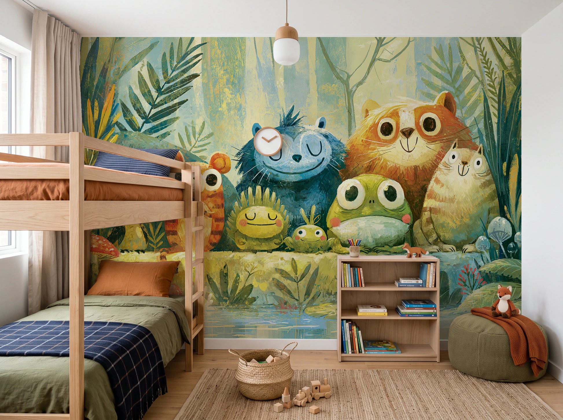 POND PARADE - tapeta z leśnymi zwierzętami nad stawem — CHILDREN'S ROOM WITH BUNK BED
