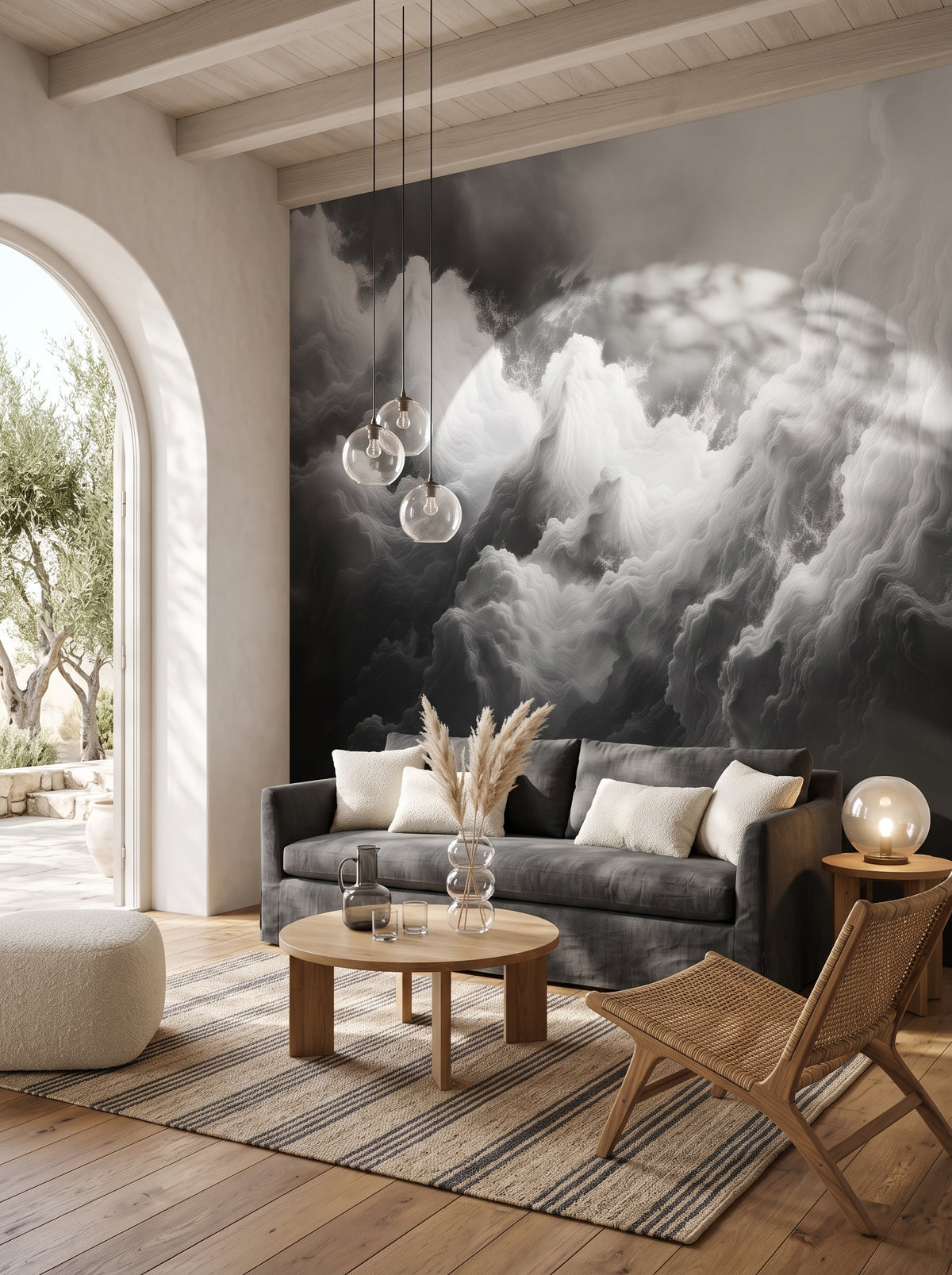 Papier peint panoramique artistique « Ethereal Stratus » dans un intérieur : salon de style boho raffiné avec terrasse.