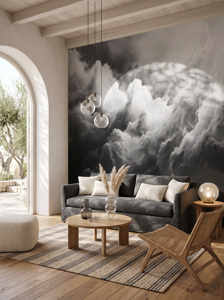 Fototapeta artystyczna o nazwie Ethereal Stratus w aranżacji wnętrza: salon w stylu wyrafinowanego boho z tarasem.
