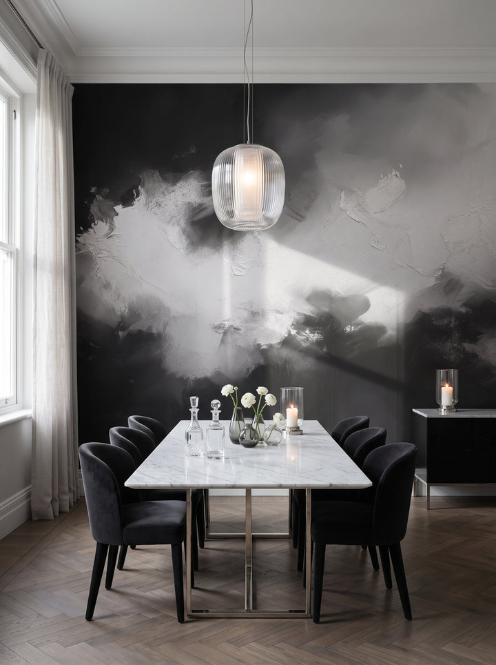Fototapeta artystyczna o nazwie Silver Lining w aranżacji wnętrza: formalna jadalnia w stylu nowoczesnej klasyki.