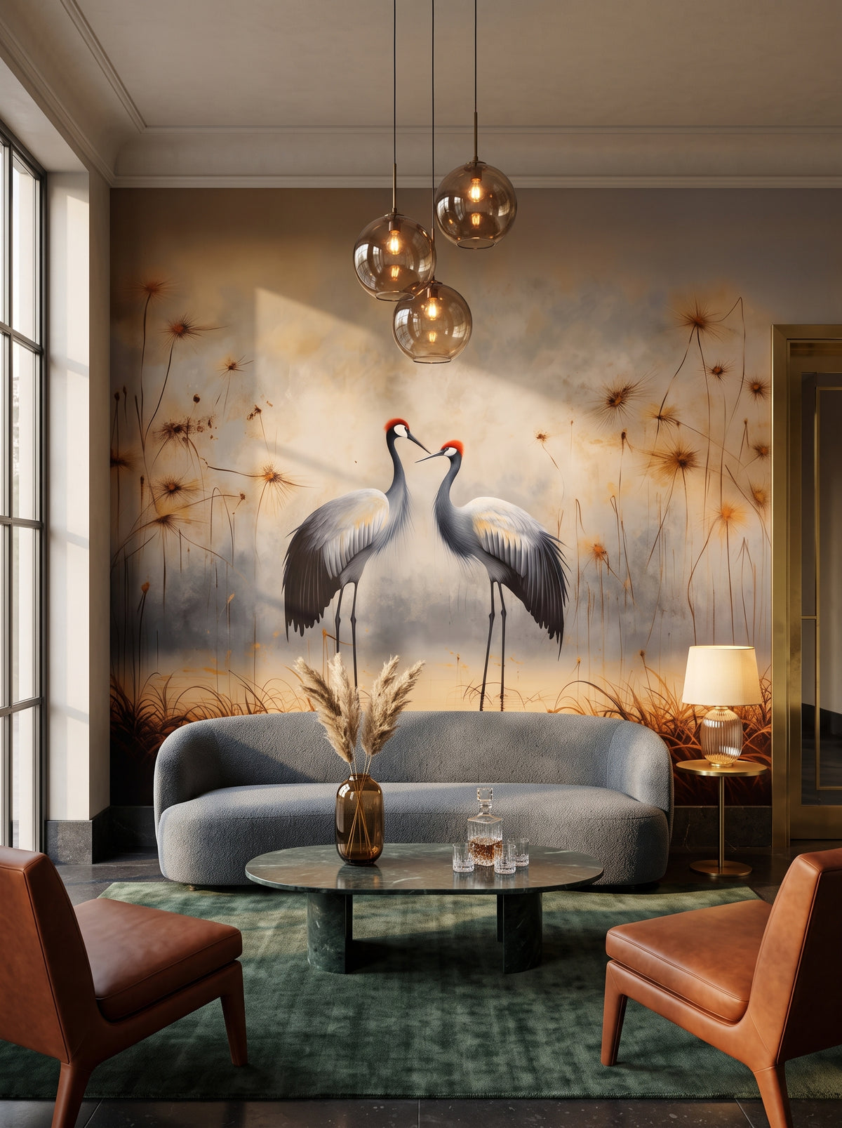 Fototapeta artystyczna o nazwie Dusk's Whisper w aranżacji wnętrza: lobby lounge butikowego hotelu designerskiego.