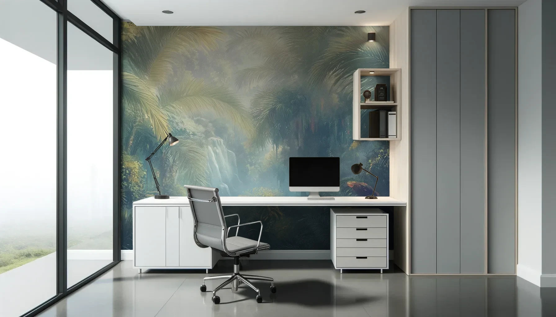 Fototapeta AZURE DEPTHS - tapeta z tropikalną dżunglą we mgle pokazana w aranżacji biura.