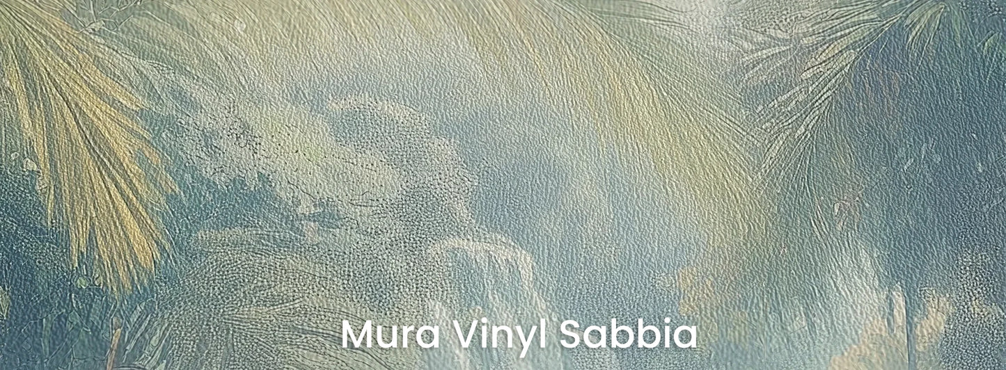 Zbliżenie na fototapetę AZURE DEPTHS - tapeta z tropikalną dżunglą we mgle na podłożu o strukturze ziarna piasku.