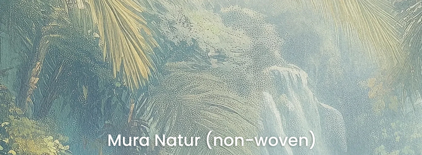 Zbliżenie na fototapetę AZURE DEPTHS - tapeta z tropikalną dżunglą we mgle na naturalnym podłożu ekologicznym.