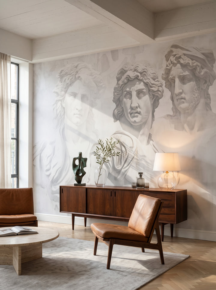 Fototapeta artystyczna o nazwie Olympian Trio w aranżacji wnętrza: salon kolekcjonera w stylu mid-century modern.