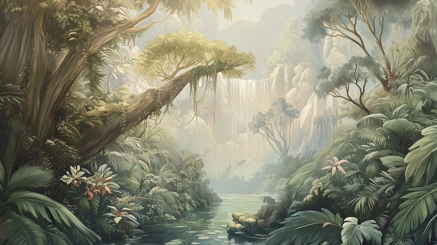 Prezentacja całego wzoru fototapety o nazwie MISTY ENCHANTMENT - tapeta z tropikalną dżunglą w porannej mgle