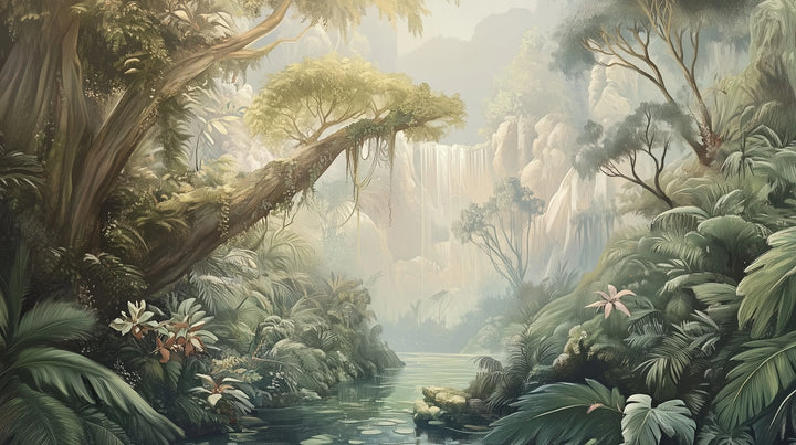 Prezentacja całego wzoru fototapety o nazwie MISTY ENCHANTMENT - tapeta z tropikalną dżunglą w porannej mgle