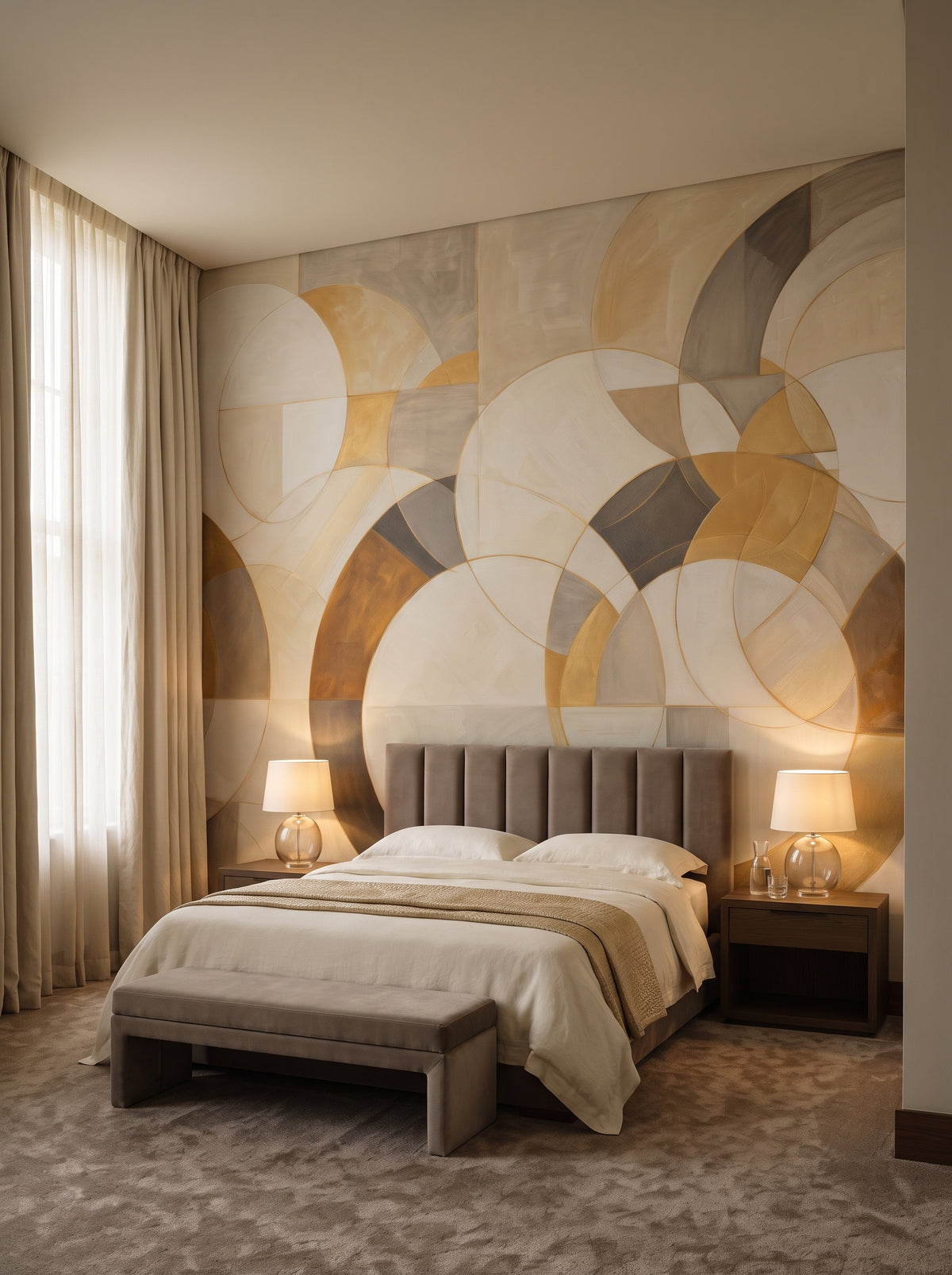 Fototapeta artystyczna o nazwie GOLDEN SWIRL FUSION w aranżacji wnętrza: apartament w pięciogwiazdkowym hotelu.
