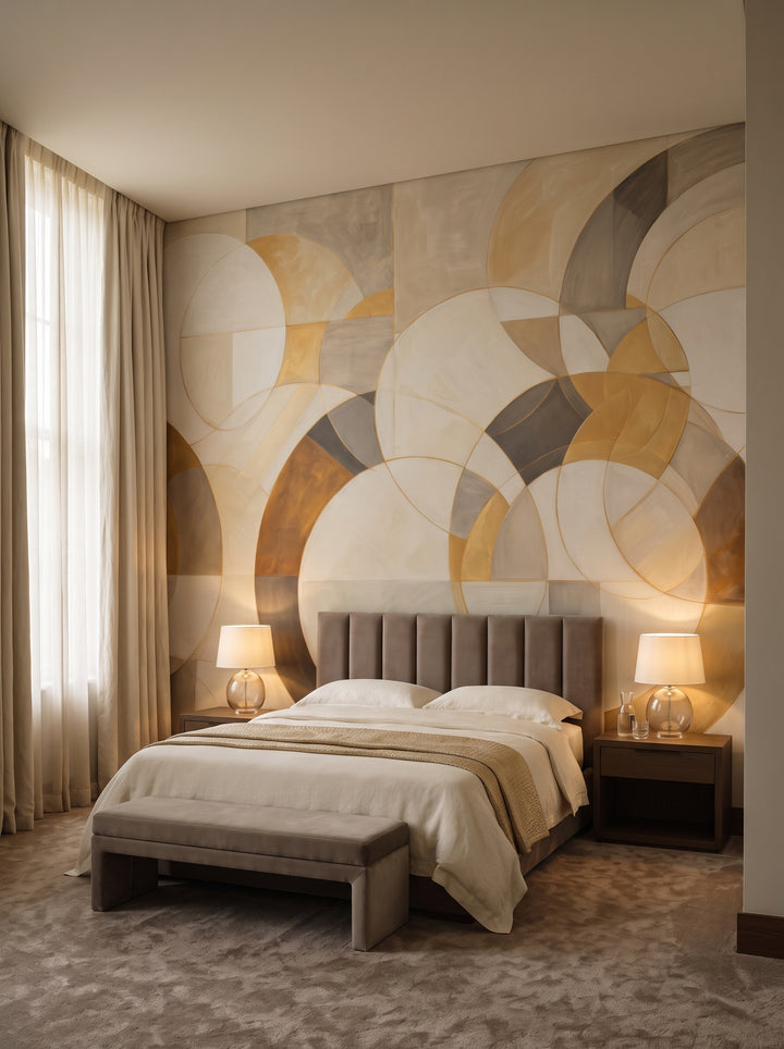 Fototapeta artystyczna o nazwie GOLDEN SWIRL FUSION w aranżacji wnętrza: apartament w pięciogwiazdkowym hotelu.