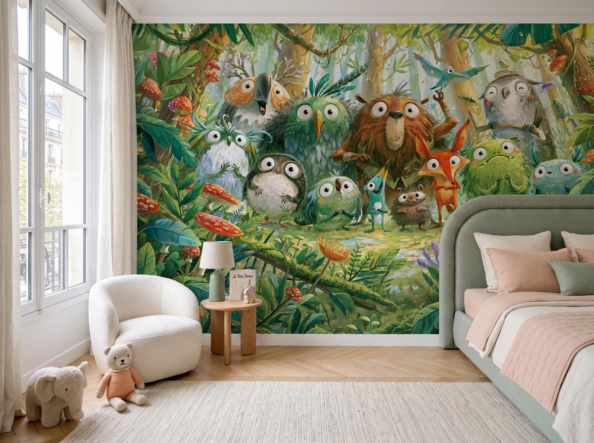 MOSSY CLEARING - tapeta z leśną gromadką zwierząt — children's room with window