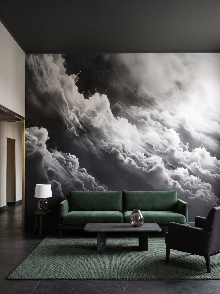 Fototapeta artystyczna o nazwie Whispering Mists w aranżacji wnętrza: lobby w butikowym hotelu designerskim.