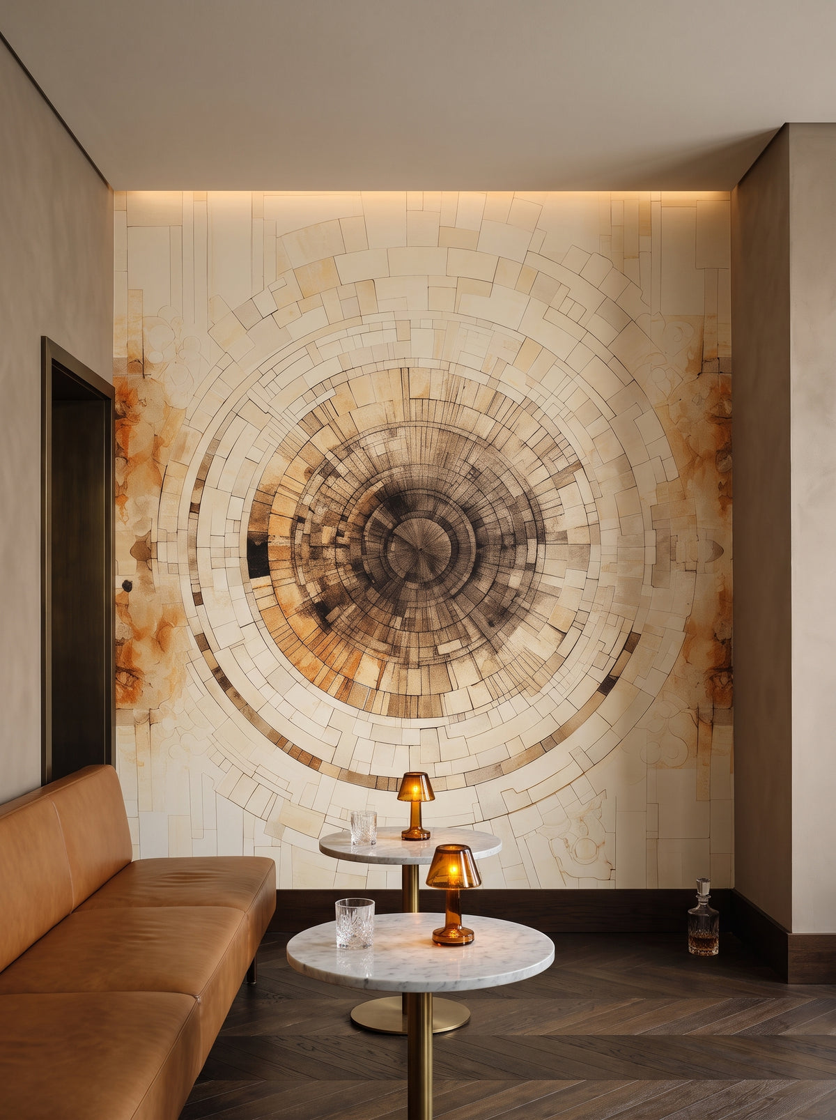 Fototapeta artystyczna o nazwie ANCIENT ECHOES SPIRAL w aranżacji wnętrza: bar w hotelu butikowym.