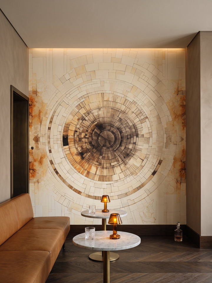 Fototapeta artystyczna o nazwie ANCIENT ECHOES SPIRAL w aranżacji wnętrza: bar w hotelu butikowym.