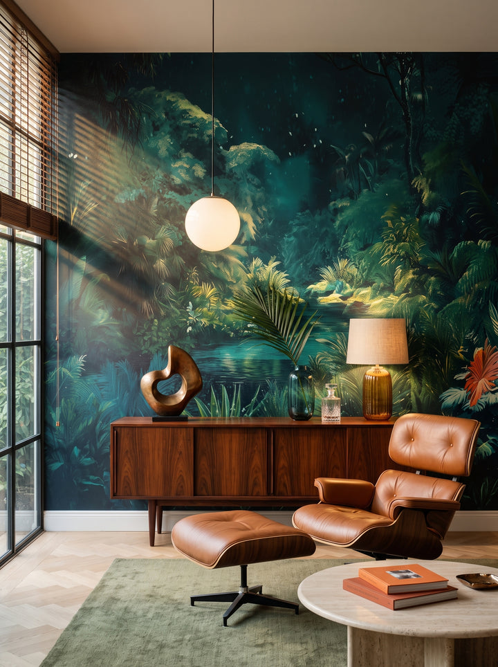 Fototapeta artystyczna o nazwie MYSTIC POND w aranżacji wnętrza: salon kolekcjonera w stylu mid-century modern.