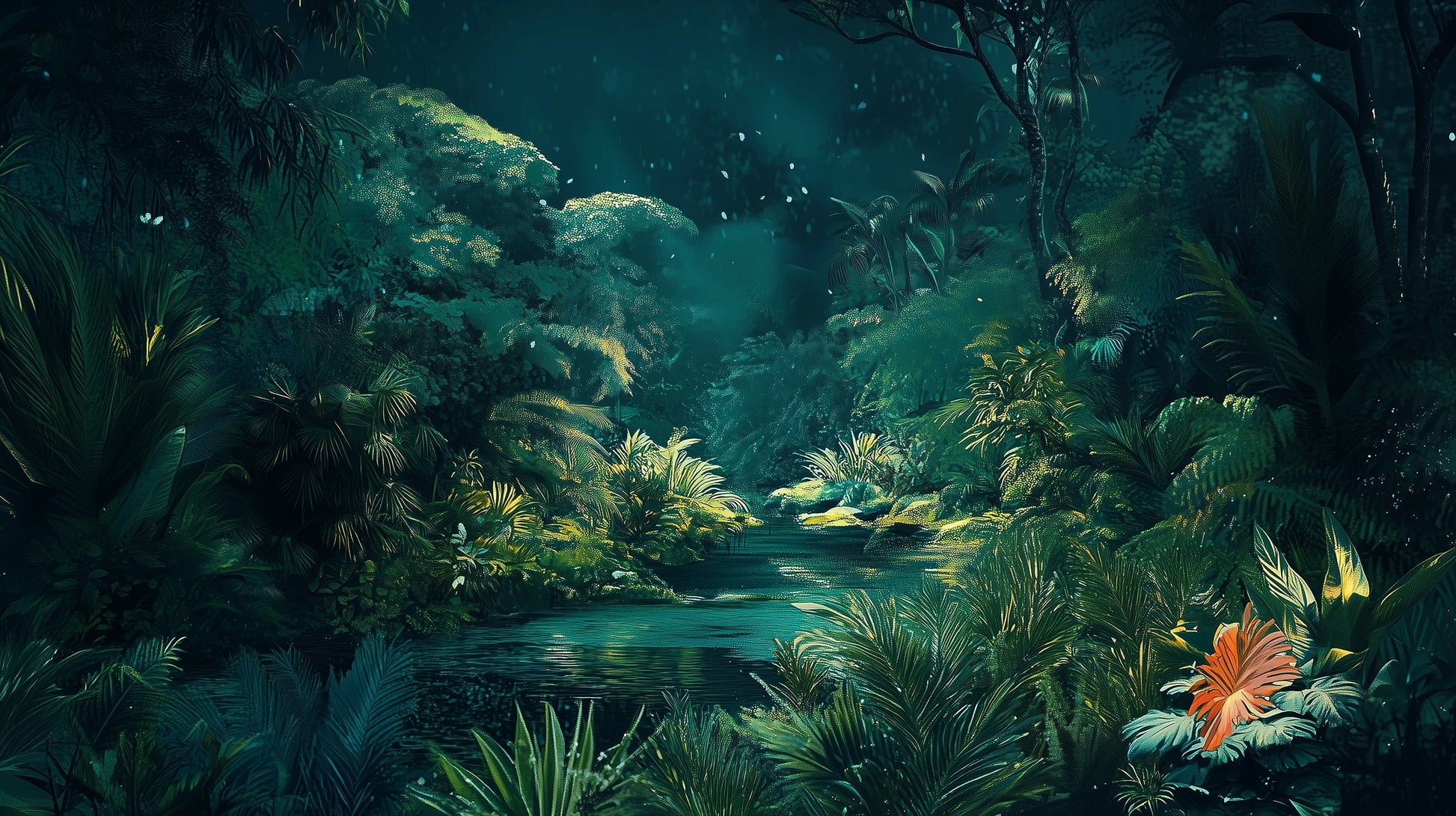 Prezentacja całego wzoru fototapety o nazwie MYSTIC POND - tapeta z tajemniczym stawem w tropikalnej dżungli