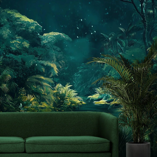 Fototapeta MYSTIC POND - tapeta z tajemniczym stawem w tropikalnej dżungli pokazana w aranżacji wnętrza z akcentem na ścianie.